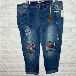 Hippie Laundry Blue Jeans with Red Floral Accents